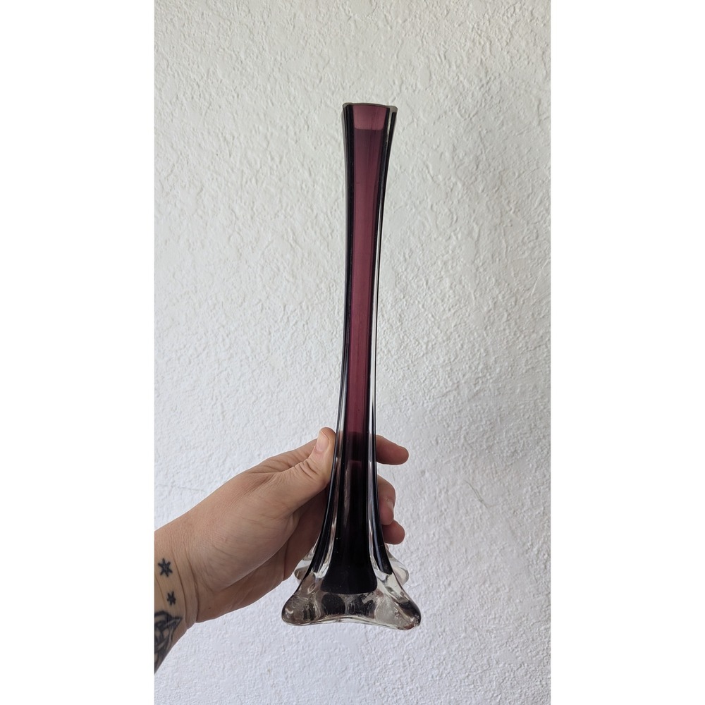 Vintage Amethyst Purple Sommerso Art Glass Bud Vase 12 Inch Tall Square Neck MCM